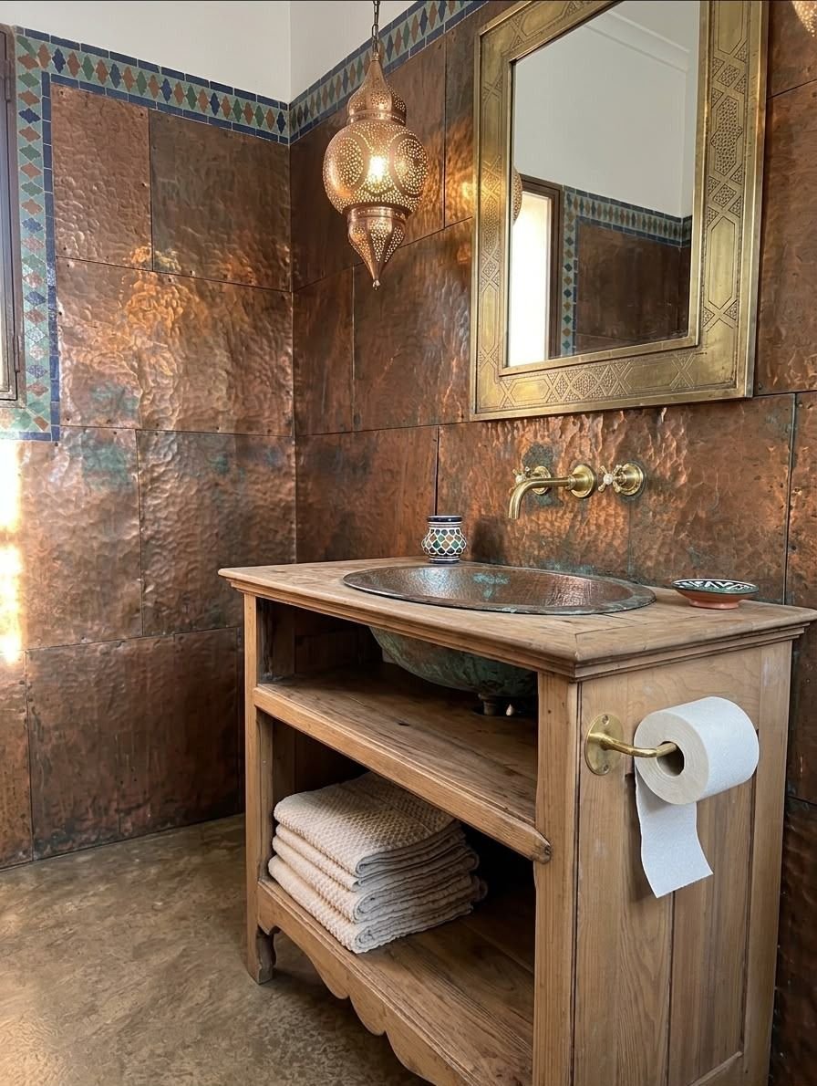 Moroccan bathroom featuring hand-hammered copper wall tiles, custom brass mirror, lantern, and wrought iron artisanal elements in Marrakech.