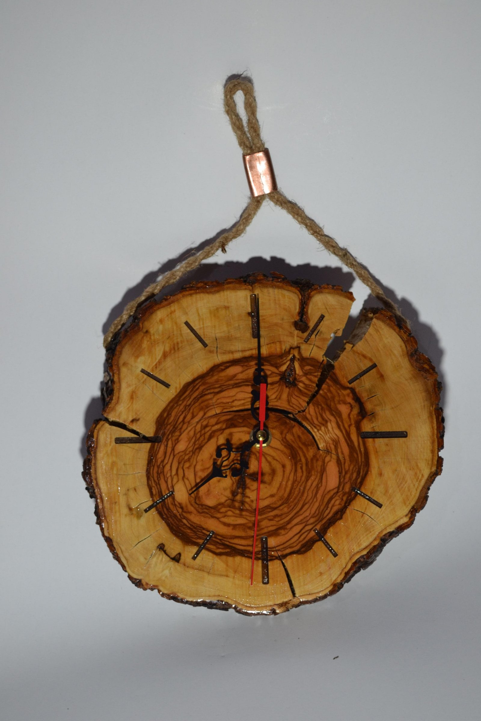 Handcrafted Olive Wood Wall Clock with Wrought Iron Base