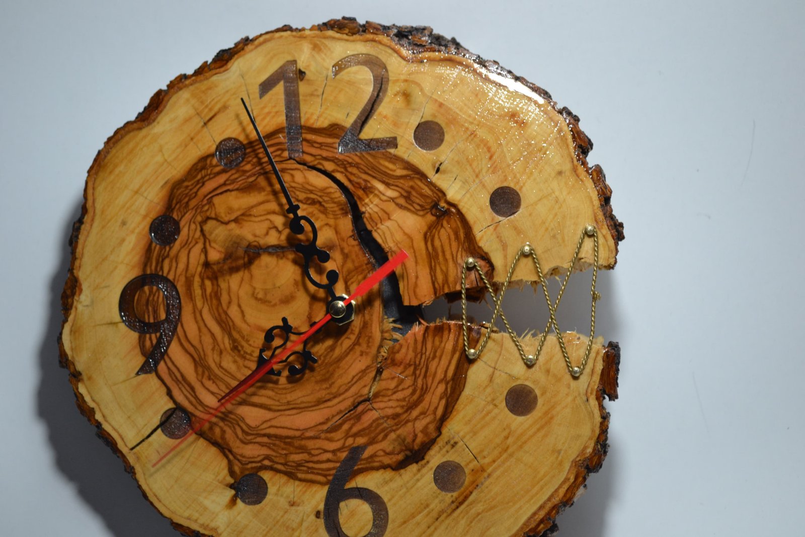 Handcrafted Olive Wood Wall Clock with Wrought Iron Base