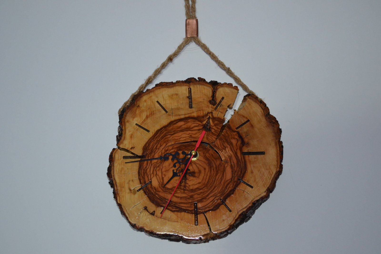 Handcrafted Olive Wood Wall Clock with Wrought Iron Base