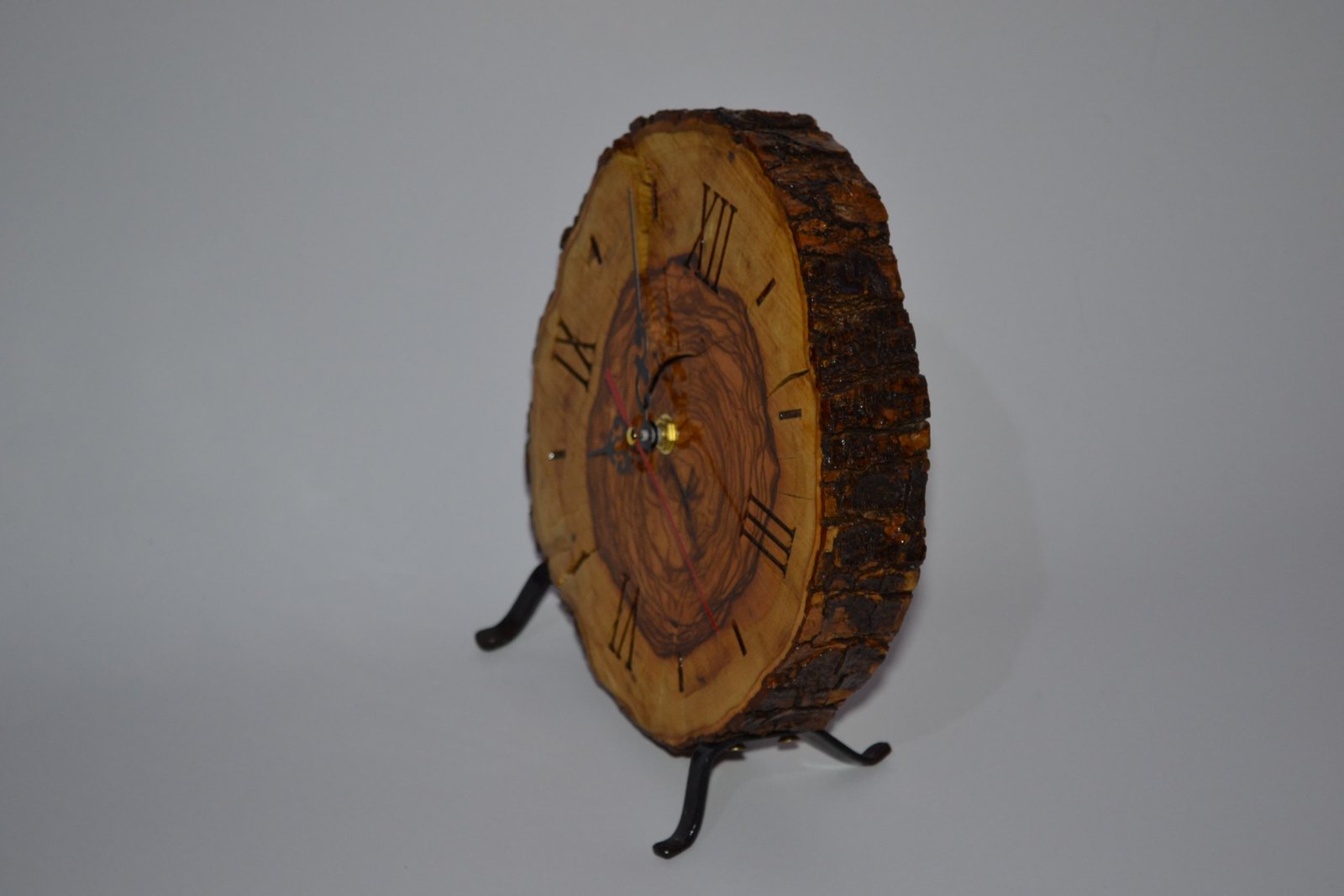 Handcrafted Olive Wood Wall Clock with Wrought Iron Base