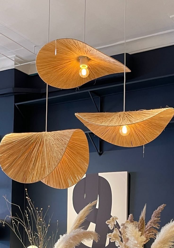 Handcrafted Wrought Iron & Natural Fiber Wave Pendant Lamp