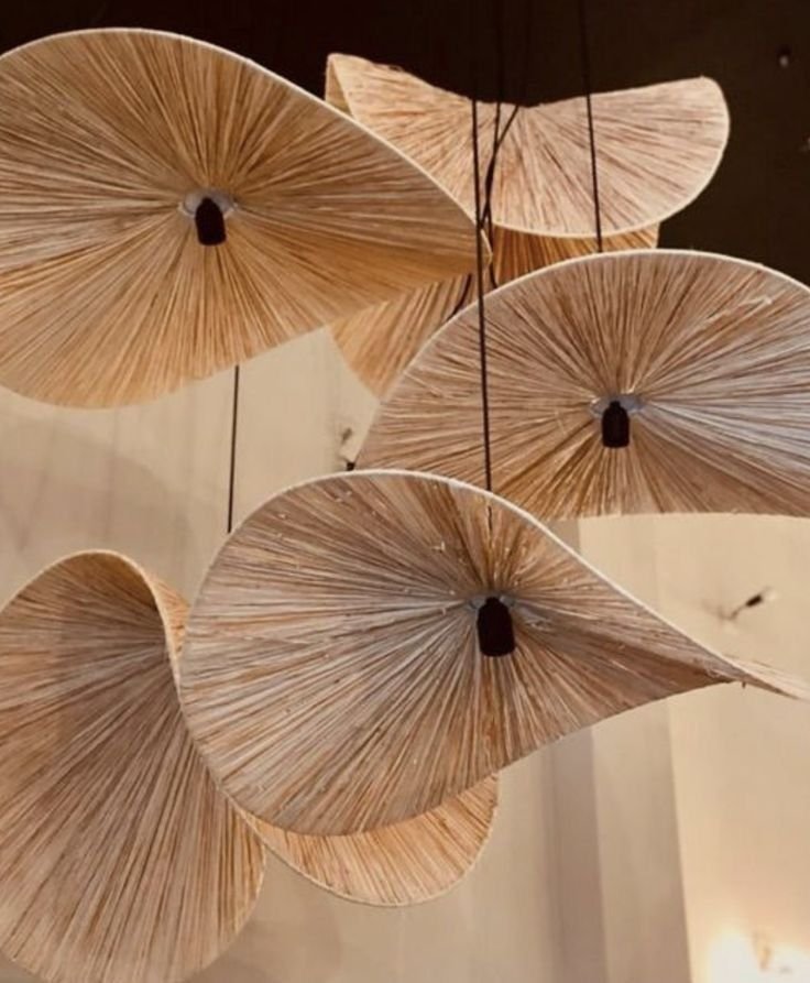 Handcrafted Wrought Iron & Natural Fiber Wave Pendant Lamp