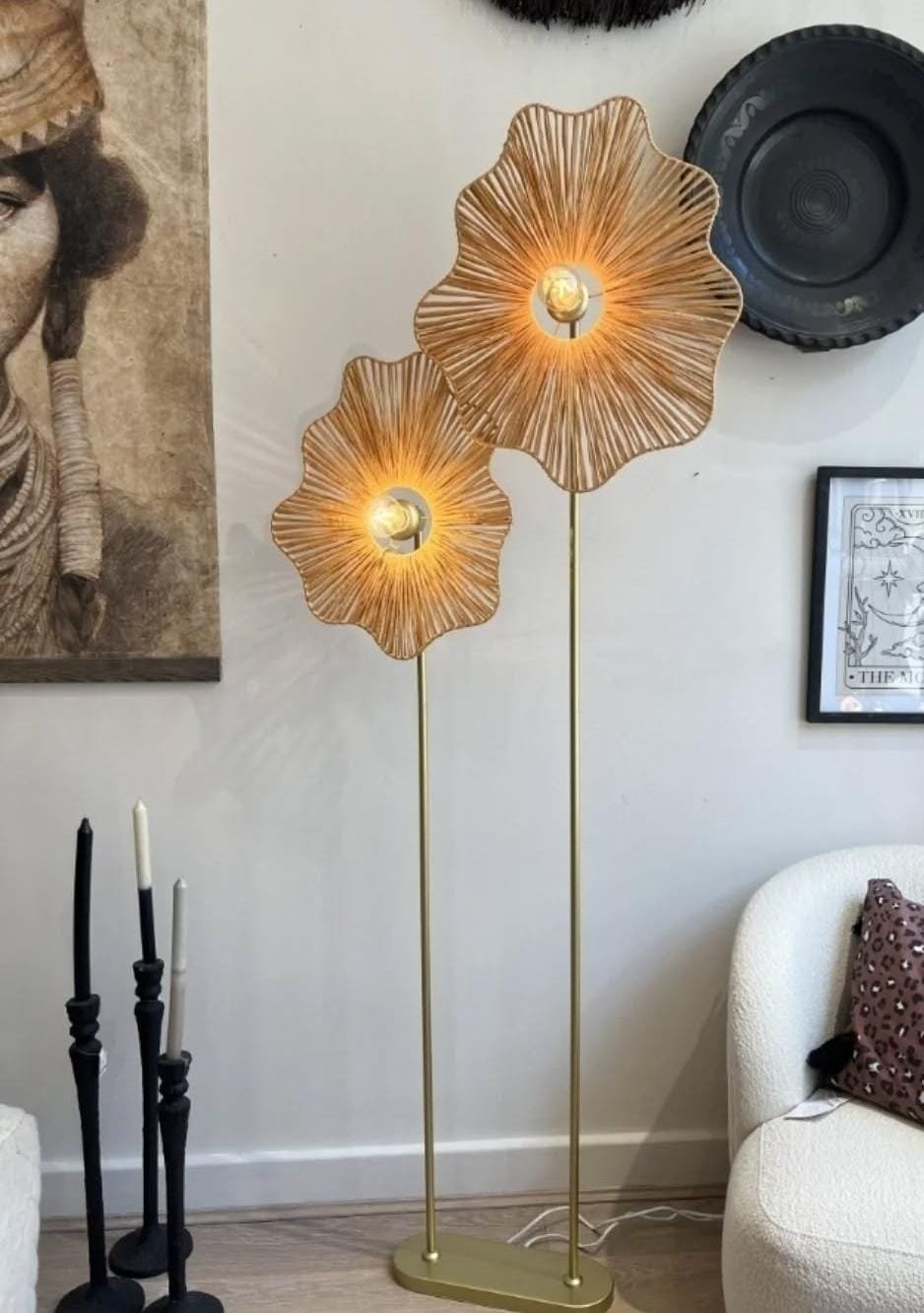 Handcrafted Wrought Iron & Natural Fiber Wave Pendant Lamp