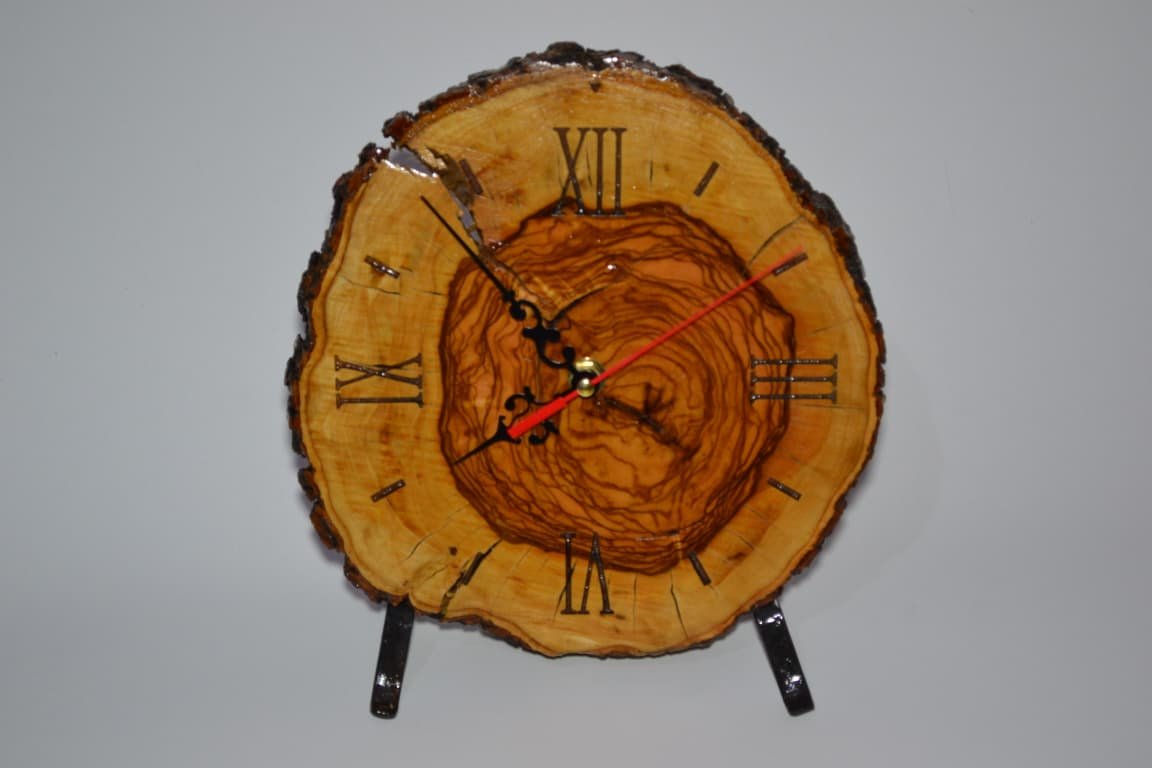 Handcrafted Olive Wood Wall Clock with Wrought Iron Base